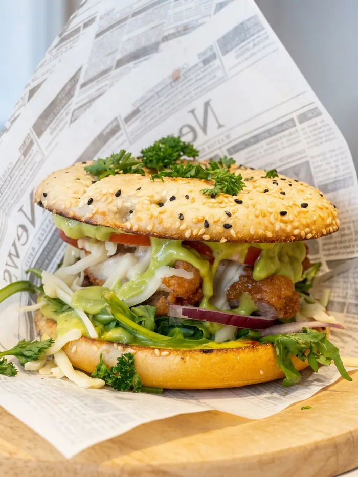 Chicken Burger mit Feldsalat, Rucola, Avocado-Creme, Käse, Tomate und Zwiebel